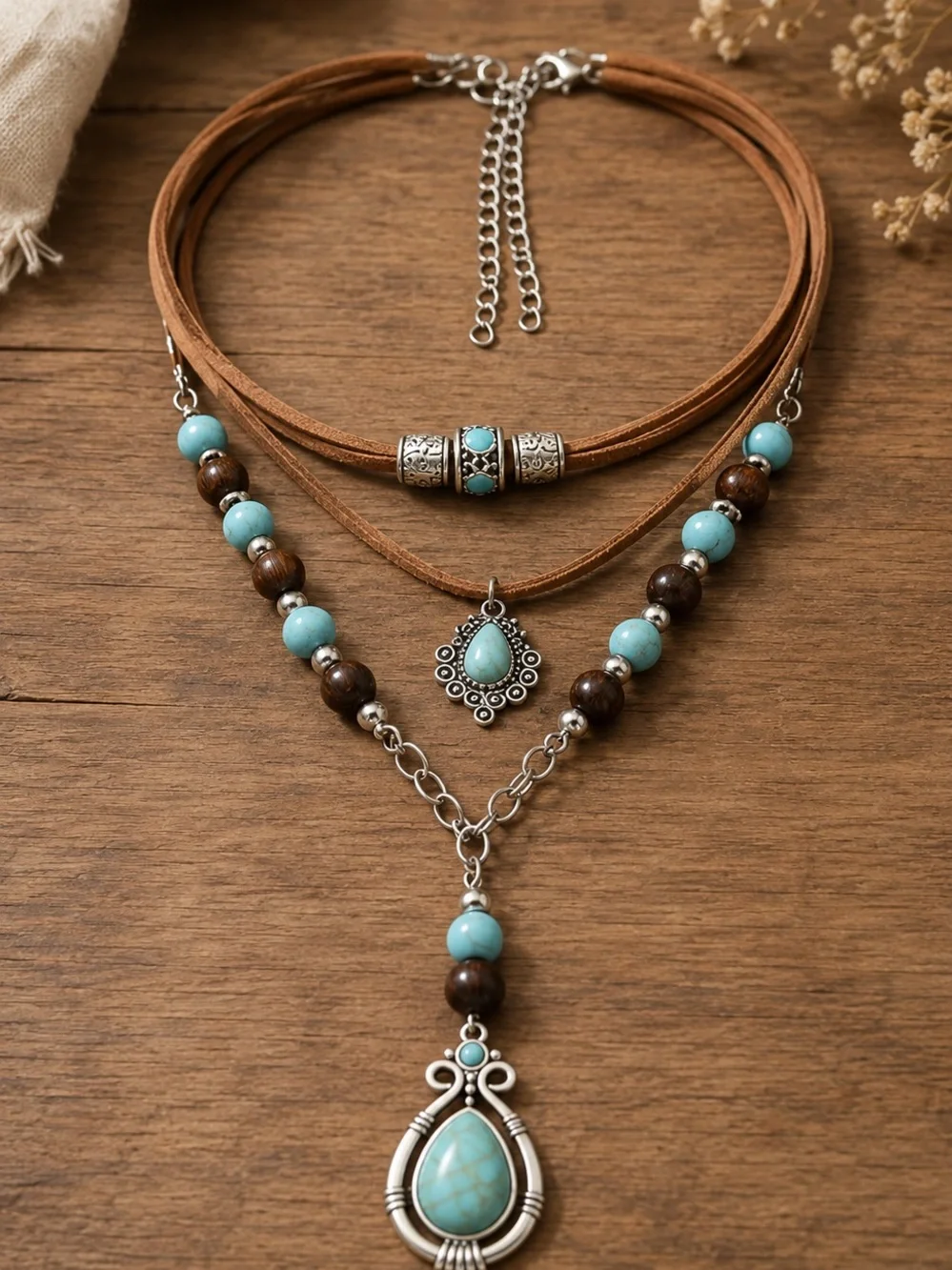 Boho Multi-Layer Vintage Turquoise Pendant Necklace, 18K Gold Plated